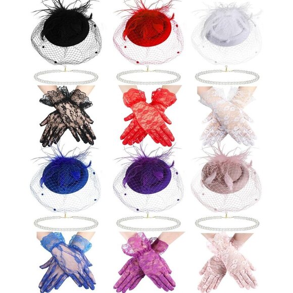 6 Sets Vintage Tea Party Hats Lace Gloves Pearl Necklaces for Women main image 6